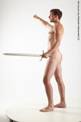 Nude Fighting with sword Man White Slim Short Brown Multi angles poses Realistic